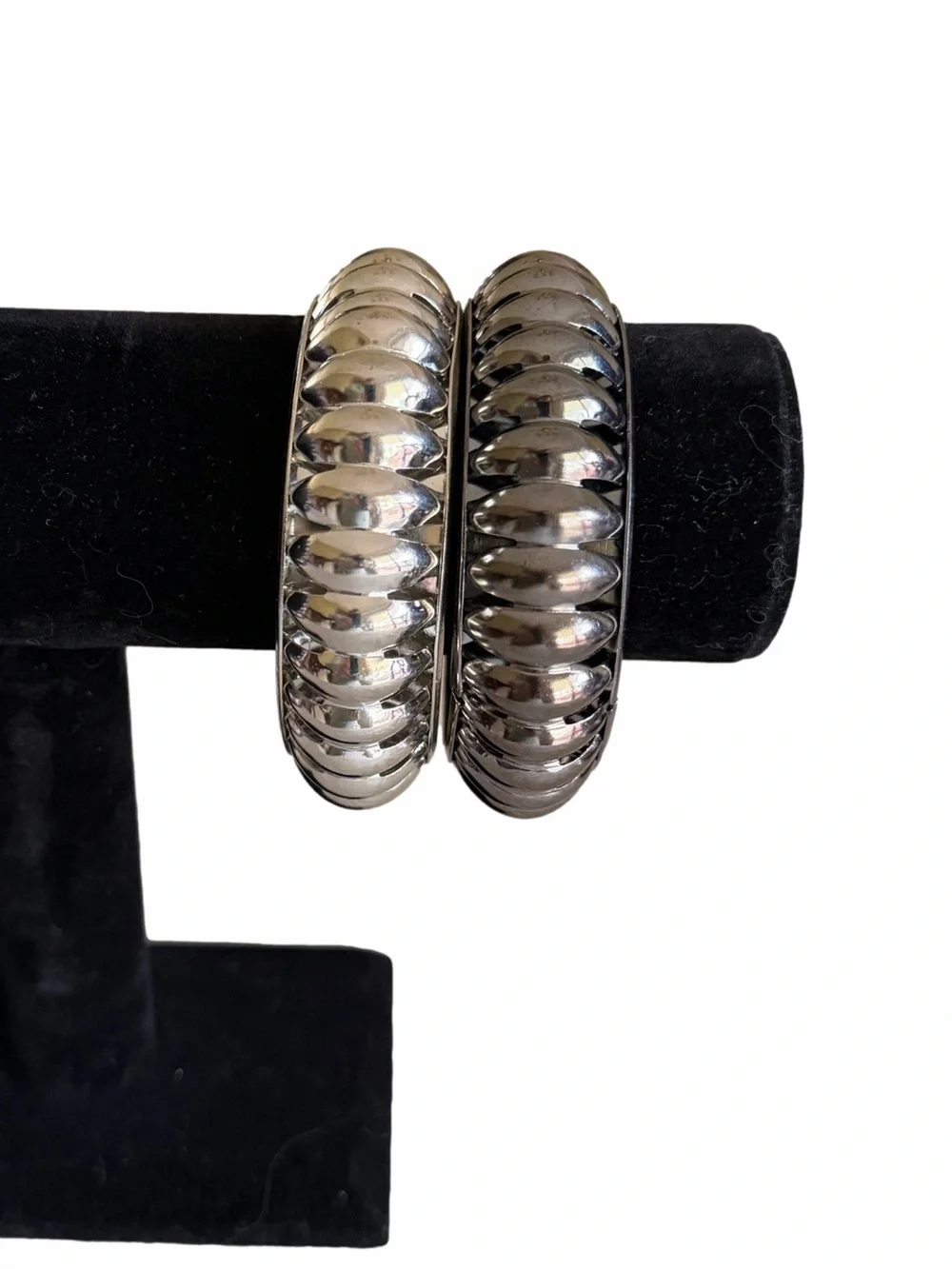 Silver & Gunmetal Ribbed Bangle Bracelet Set | Statement Jewelry Pair